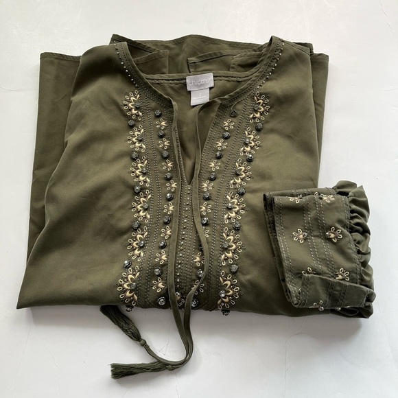 CHICO'S Embellished Peasant Blouse Fern Green Chico’s sz 2 US Women’s 12/14 - Picture 5 of 15